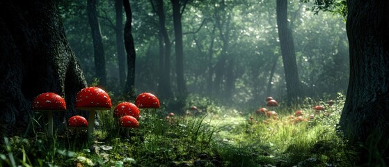 Fototapeta premium A misty forest scene featuring vibrant red mushrooms surrounded by lush greenery and soft sunlight filtering through the trees.