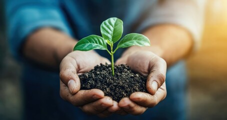 A pair of hands cradling a young green plant in rich soil, symbolizing care and growth.