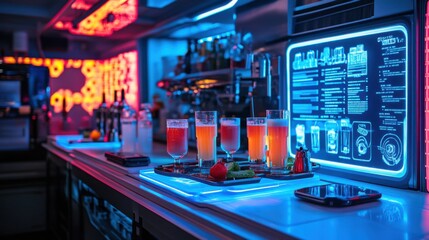 Neon bar counter with colorful cocktails and futuristic digital display menu.