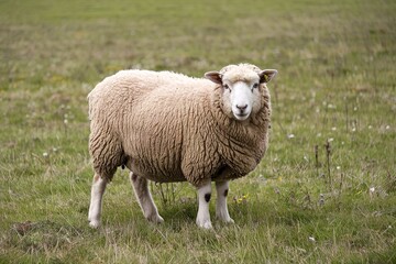 A fluffy brown sheep standing in a grassy field