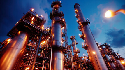 Industrial structures illuminated at dusk showcase advancements in renewable energy technology, highlighting intricate design and engineering of modern facilities