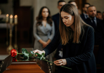 Woman places a rose on a casket during a somber funeral service in a chapel surrounded by mourners in formal attire