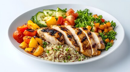 A white plate with grilled chicken, quinoa, and vegetables on it.