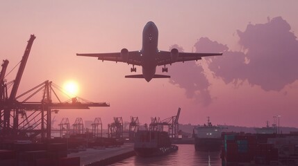 Fototapeta na wymiar Sunset View of Airplane Flying Over Commercial Port