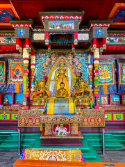 Terelj, Mongolia - August 12, 2024 - Scene of Aryabal Meditation Temple, tibetan styled temple belongs to the Kalachakra sect of Buddhism, located in Gorkhi-Terelj National Park