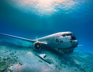 Fototapeta premium Plane in the deep sea, full of algae and with many broken parts