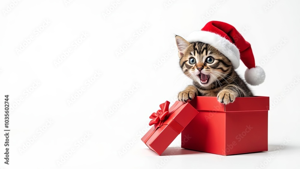 Wall mural surprised cat coming out of a christmas red gift. Cute cat in a santa's hat for Christmas, on white background. idea for greeting card, veterinariaan advertising, grooming, pets shop, pets store