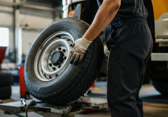 A mechanic replaces a tire in a workshop during daytime, focusing on vehicle maintenance with tools and equipment around