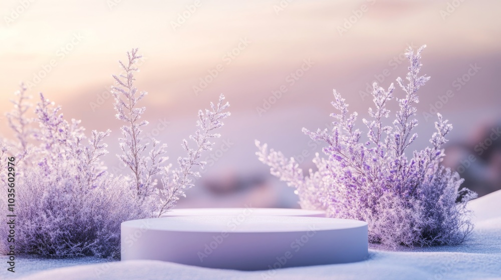 Aufkleber in a tranquil winter setting, soft purple hues illuminate a circular platform surrounded by frosted 