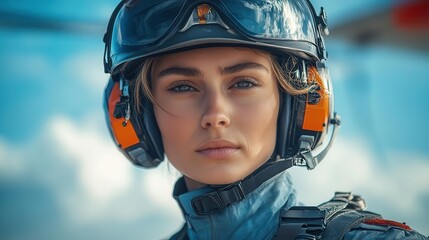 a helicopter pilot donning a helmet preparing for takeoff exuding confidence and readiness against a backdrop of clear skies and anticipation