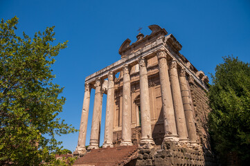 Fototapeta premium Ruins of the Antoninus and Faustina Temple inside the Roman Forum.