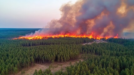 Aerial view of a destructive forest fire with flames and smoke engulfing a vast area, highlighting environmental impact.