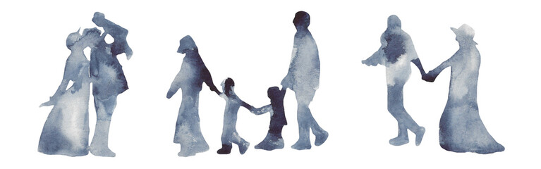 Silhouette of people set. man, woman, child. a family. isolated. watercolor illustration