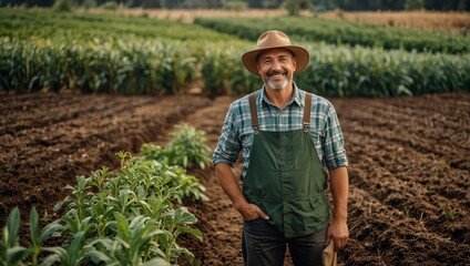 Farming, spade and portrait of man or farmer in agriculture, sustainable garden or small business owner in field. Farm, land and face of happy person with plants, eco friendly and agro sustainability