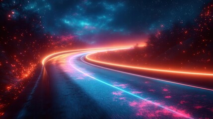 a mesmerizing 3d abstract scene glows with vibrant neon lights creating a sense of speed and motion amidst a virtual reality landscape perfect for hightech futuristic themes
