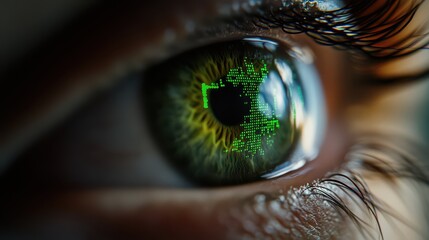 Close-up of human eye with digital binary code reflection