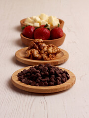 menu snack ingredient photo chocolate chips strawberry walnut cheese dessert sweet food kitchen set