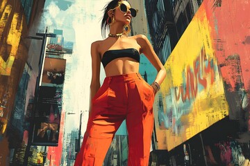 Naklejka premium A Lean, Stylish Girl Wearing Bold Orange Jeans and a Black Crop Top, Striking a Confident Pose in a Trendy Urban Setting, Showcasing Modern Fashion and City Chic Vibes
