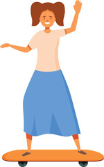 Happy girl riding skateboard waving hand