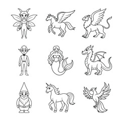 Fantasy Creatures Coloring Page Line Art Bundle with Dragons, Unicorns, Mermaids, and More