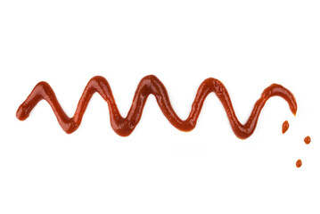 Line of liquid red hot Sriracha chili sauce isolated on white, top view, clipping path