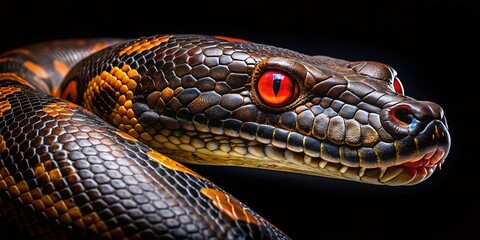 Fototapeta premium Aerial View of Anaconda Face with Shiny Red Eye on Black Background - Nature Photography