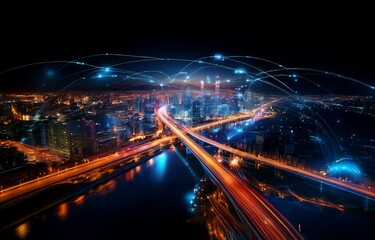 Fototapeta premium A nighttime aerial view of a city with glowing lines connecting buildings and highways.
