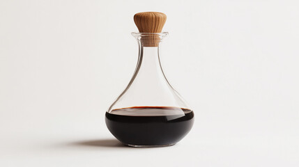 Glass Decanter with Dark Liquid and Wooden Stopper on White Background