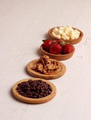 menu snack ingredient photo chocolate chips strawberry walnut cheese dessert sweet food kitchen set