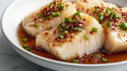 A dish of steamed fish garnished with herbs and spices in a flavorful sauce.
