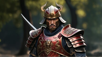 Fierce samurai warrior in traditional Japanese armor portrait feudal Japan