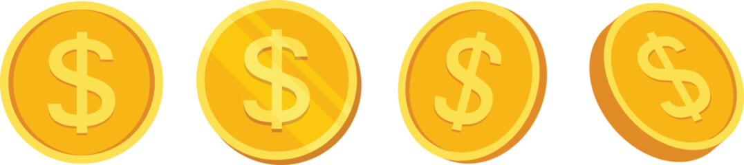 Gold coin icon. Golden dollar coin symbol. Set of coin icon flat style isolated on white background. Symbol of money, investment, wealth and currency