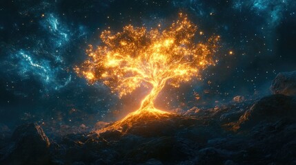 Fototapeta premium A glowing tree rooted in the Earth's core, with branches reaching the sky, symbolizing the flow of energy between the planet and nature