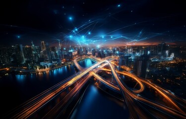 An aerial nighttime view of a modern city with illuminated roads and glowing lines connecting skyscrapers.