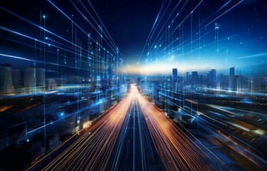 A cityscape at dusk, with glowing lines forming a digital grid over an illuminated highway.