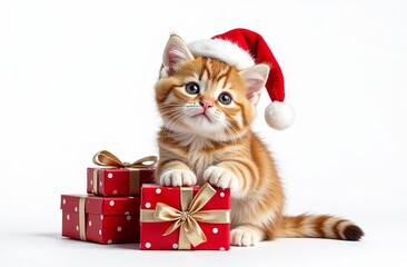 cute cat coming with christmas gifts. Cute cat in a santa's hat for Christmas, on white background. idea for greeting card, veterinariaan advertising, grooming, pets shop, pets store