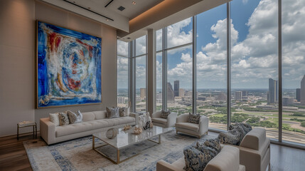 Fototapeta premium Open-concept living area with a neutral color palette and floor-to-ceiling windows