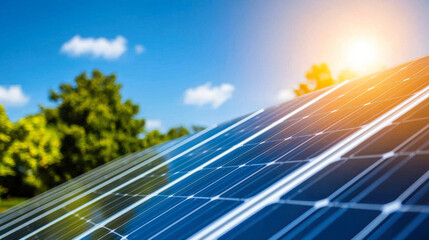 Harnessing power of renewable energy, this showcases solar panels glistening under sun, surrounded by lush greenery. bright sunlight highlights advancements in sustainable technology