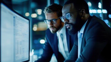 Two professionals collaborating on a project in an illuminated office space, focused on their computer screens.