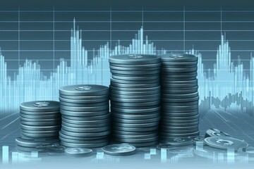 Stacks of coins rise against a financial chart signifying growth and investment success