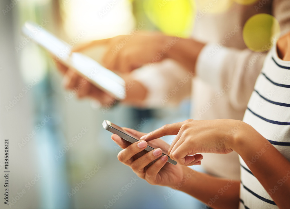 Poster business people, hands and typing with phone for social media, data sync or app interaction at offic