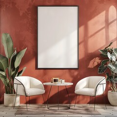 Fototapeta premium BLANK FRAMED MOCKUP, LIVING ROOM, TABLE AND CHAIRS, LIGHT RED ACCENT DECOR , Generative Ai 