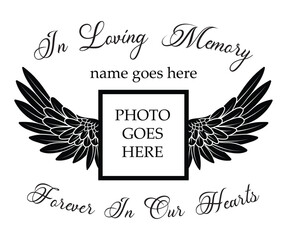 In Loving Memory vector design with angel wings memorial quote, Memorial sign, Forever in our hearts, Rest in Peace vector clip art