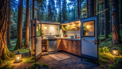 Fototapeta premium A small, modern kitchen nestled within a tranquil forest setting, bathed in the soft glow of warm, inviting lights.