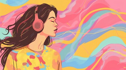 Stylish pretty woman wearing headphones listening to music in happy relaxed state.