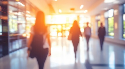 Busy office hallway with walking professionals in blur
