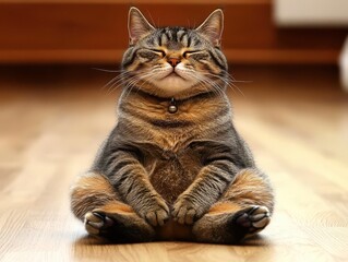 Serene cat meditating on wooden floor