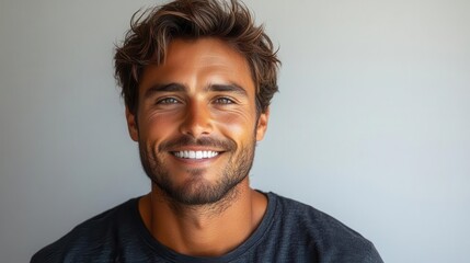 Obraz premium a studio photo capturing a handsome male model smiling brightly against an isolated white background showcasing confidence and charisma with a modern twist in presentation
