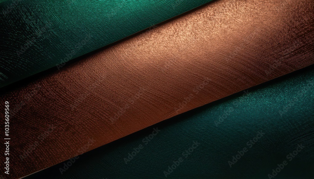 Poster high-contrast metallic gradient texture. dynamic copper and emerald rippled surface with fine horizo