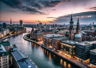 Obraz premium Aerial View of Downtown Hamburg at Dusk - Stunning Cityscape Photography